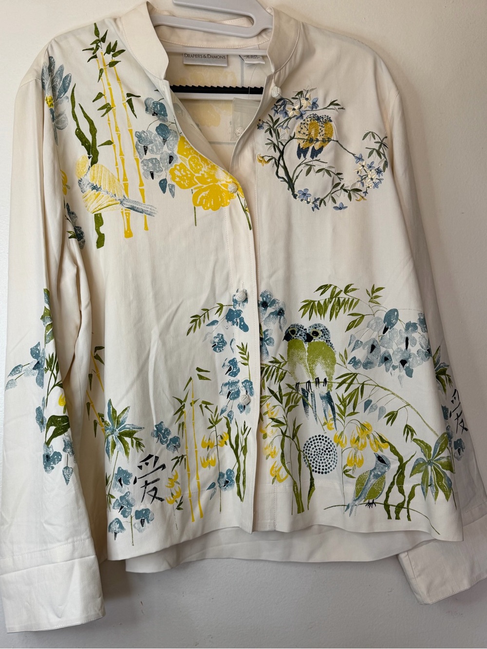 100% Silk Bird Botanical Print Blouse Petite Large